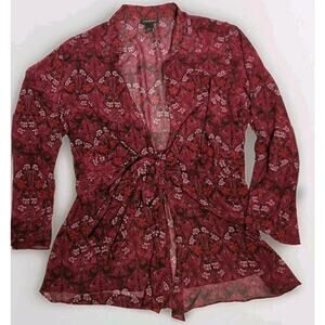 Lane Bryant Sheer Floral Tie-Front Topper | 26/28 | Burgundy